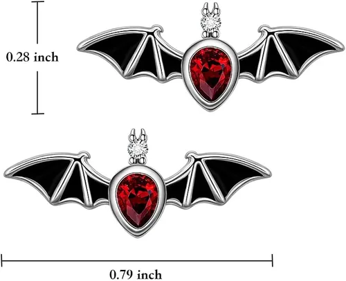 Vista 2 de Aretes hipoalergénicos de plata de ley con forma de murciélago con forma de calabaza y llama, murciélagos, para mujeres, adolescentes, niñas, orejas