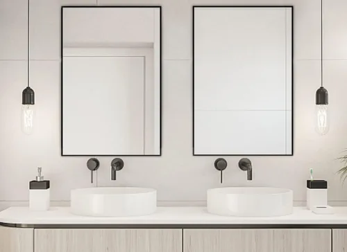 Vista 9 de HANS Espejo rectangular grande de baño, espejo de tocador con marco de madera montado en la pared (40 x 24 pulgadas) (negro)