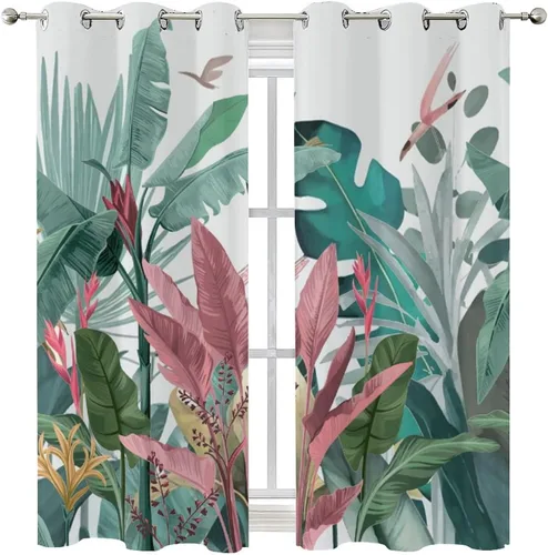 Vista 8 de Cortinas abstractas de hojas tropicales, acuarela tropical, hojas de palma, verano hawaiano, plátano, aislamiento térmico, cortinas completas