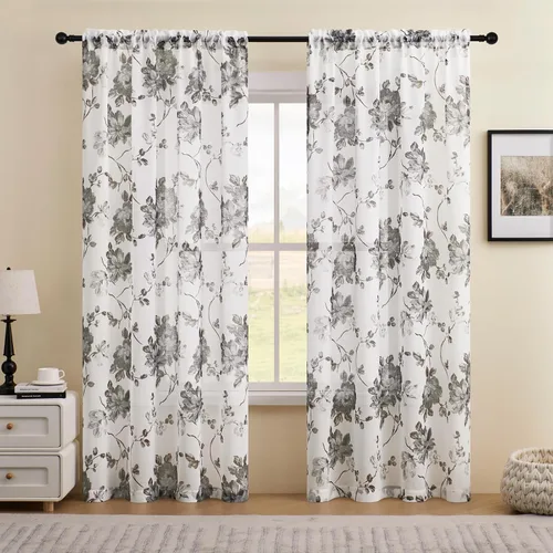 Vista 14 de FOLKSIDE - Cortinas florales azules, 63 pulgadas de largo, juego de 2 paneles, bolsillo para barra, cortinas florales semitransparentes