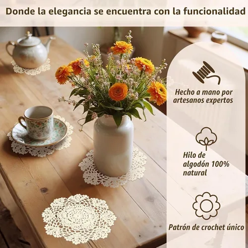 Vista 7 de kilofly Juego de manteles individuales de encaje de algodón de ganchillo, 4 unidades, beige, floral, 7 pulgadas