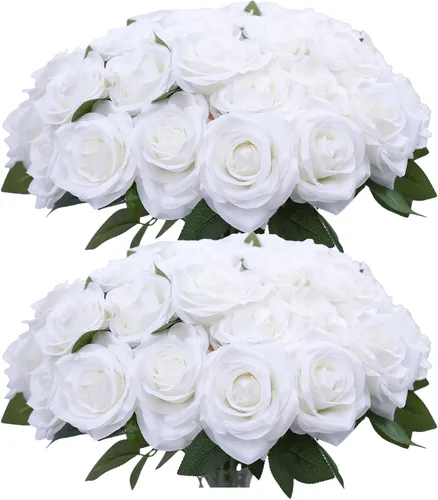 Vista 29 de Flores artificiales de rosa, rosas artificiales, rosas de seda, rosas falsas de aspecto real con tallos para manualidades, ramos de boda, centros