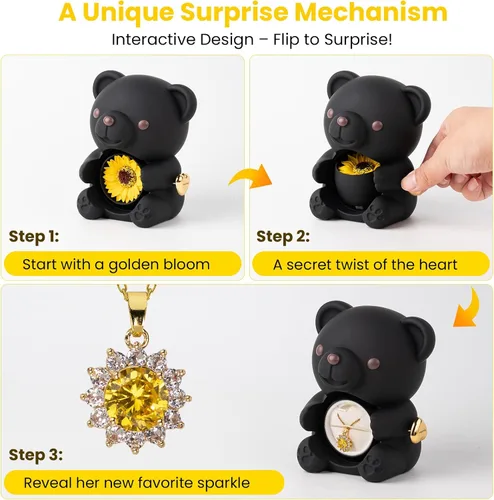 Vista 6 de Regalo para su oso de la suerte con girasol, girasol en elegante caja de regalo con collar para mujer, regalos de oso para el día de la madre, día