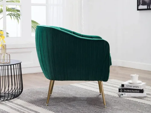 Vista 3 de Silla decorativa de terciopelo, moderna silla con brazo de barril con patas de metal con acabado dorado para sala de estar y dormitorio, color verde