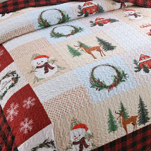 Vista 6 de Juego de edredón navideño de 3 piezas con estampado de reno rústico de Navidad, juego de ropa de cama (individual)