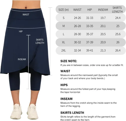 Vista 6 de ANIVIVO Falda de 24 pulgadas hasta la rodilla para mujer con leggings capri, leggings largos deportivos casuales con falda con bolsillos