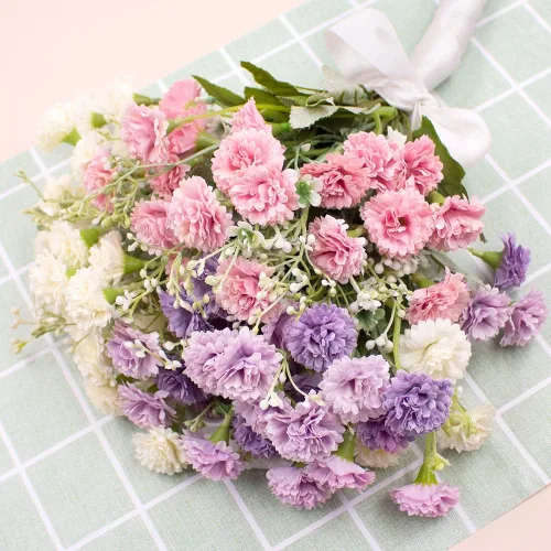 Vista 4 de SNAIL GARDEN 60Heads - Mini flores artificiales de clavel con bolsa de papel de estraza, 3 piezas de flores silvestres de caléndula de crisantemo
