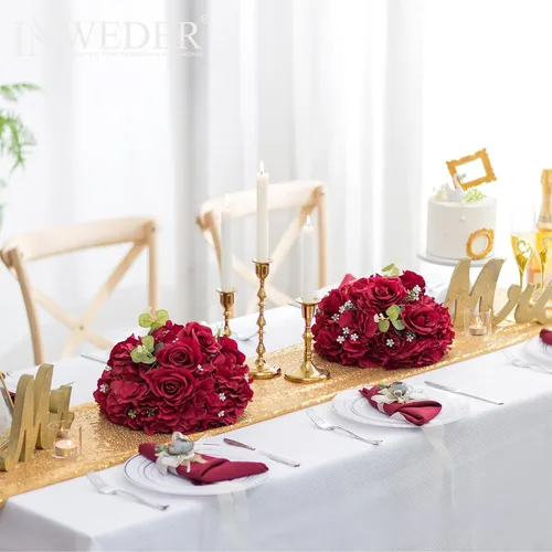 Vista 2 de Bolas de flores burdeos para centros de mesa: 11.8in de diámetro Borgoña