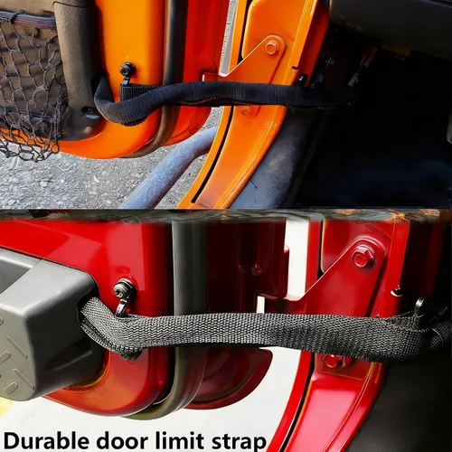 Vista 4 de Correa de puerta para Jeep, correa de limitación de puerta resistente con cremallera para Jeep Wrangler JK JKU 2007-2018, 2 unidades, color negro