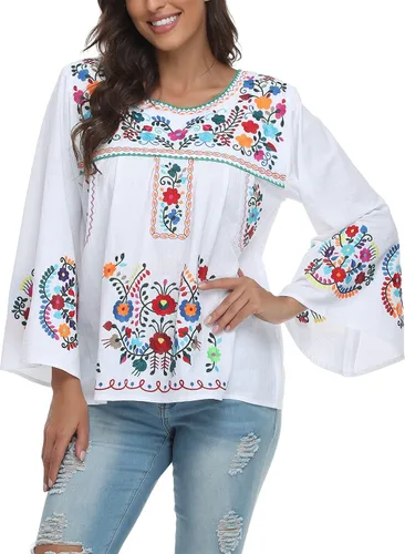 Vista 4 de YZXDORWJ Blusa de verano con bordado bohemio mexicano bohemio para mujer