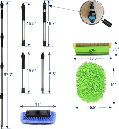 Vista 2 de Ultimate RV/Truck - Kit de cepillo de lavado de 68 pulgadas con poste de aluminio ajustable con manguera de flujo, cerdas suaves con escobilla