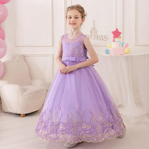 Vista 10 de Vestido formal para niña de flores, vestido formal para fiesta de cumpleaños, boda, bordado floral, vestidos de satén de tul para niños de 2 a 12