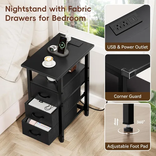 Vista 5 de Vagusicc Mesita de noche negra con estación de carga y luces LED, mesa auxiliar estrecha, mesita de noche LED con 3 cajones de tela para dormitorio