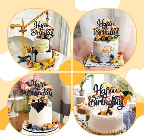 Vista 7 de Decoración para Pastel con Tema de Construcción Feliz Cumpleaños Decoración de Pastel con Purpurina de Construcción Palillo para Pastel Camión 1
