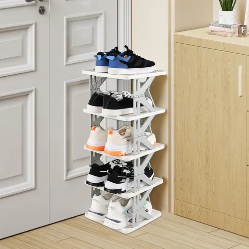 Vista 2 de Organizador de almacenamiento de zapatos estrecho vertical de 5 niveles para ahorrar espacio, zapatero plegable pequeño de plástico gris