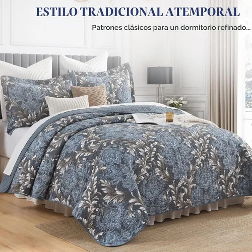Vista 2 de Juego de edredón 100% algodón tamaño Queen de 3 piezas, edredón floral de damasco con 2 fundas, colcha acolchada floral vintage, ropa de cama ligera