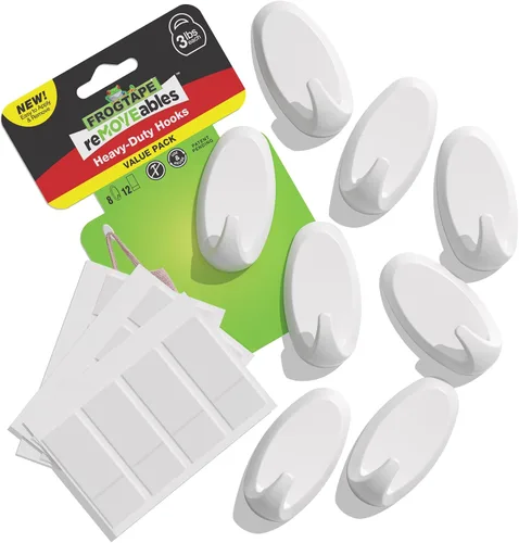 Vista 9 de FrogTape reMOVEables Ganchos de pared resistentes, 8 ganchos y 12 tiras, soporta hasta 3 libras, sin daños, fácil de quitar y reutilizar, gancho