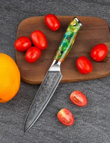 Vista 5 de Cuchillo utilitario de cocina de 5 pulgadas, cuchillos de cocina de la serie Xuan, acero de damasco VG10 con mango de resina (naranja fantasía)
