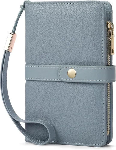 Vista 9 de Cartera pequeña para mujer, con bloqueo RFID, de piel vegana, delgada, plegable, para tarjetas de crédito, portapasaporte, cartera de viaje