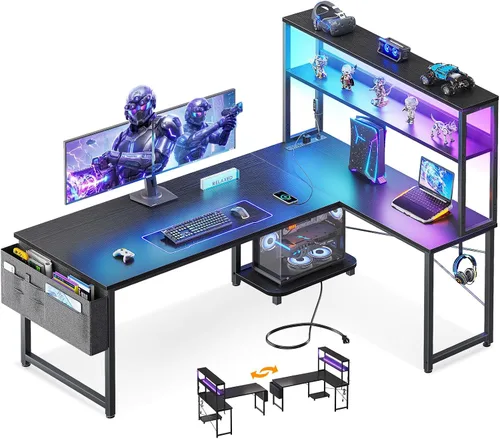 Vista 12 de ODK - Escritorio para juegos en forma de L de 43 pulgadas con estantes, LED y tomacorrientes, color negro