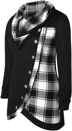 Vista 2 de FORUU - Sudadera para mujer, blusa de retazos a cuadros con cuello redondo y botones
