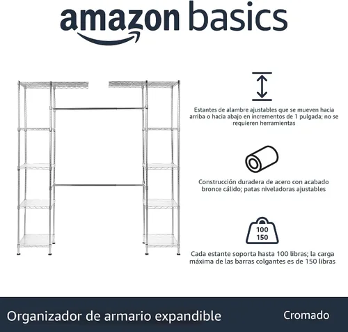 Vista 3 de Amazon Basics Armario organizador de almacenamiento colgante de metal ajustable expandible con estantes, 57-80 x 14 x 72 pulgadas