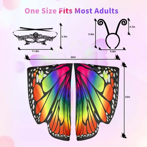 Vista 7 de QUCH Butterfly Costume for Women Butterfly Wings for Women Fairy Wings Cape with Mask and Antenna Headband Halloween Costumes