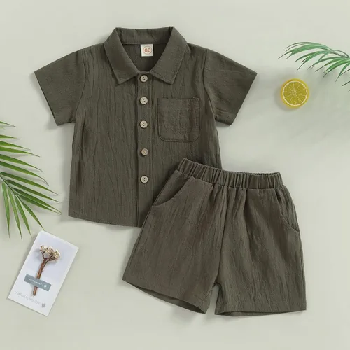 Vista 3 de Conjunto de ropa de verano para bebé y niño, con botones, de manga corta, con bolsillo, color liso, para el verano