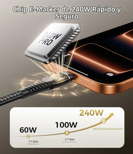 Vista 3 de Cable USB C a USB C de 240 W de carga rápida de 6 pies, cable USBC a C Negro