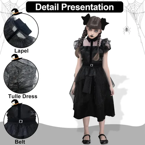 Vista 4 de Camlinbo Halloween Dress for Girls Black Witch Dress Costumes with Belts Halloween Cosplay Party for Girls 11-14 Years