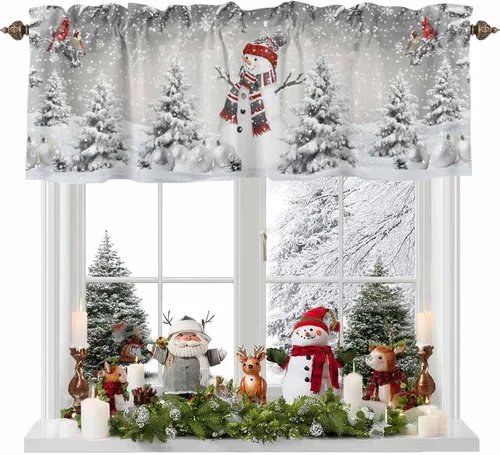 Vista 12 de Cenefa de cortina de muñeco de nieve de Navidad para ventanas, sala de estar, cocina, baño, cafetería, copo de nieve de invierno, ramas de pino