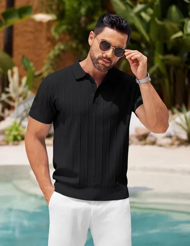 Vista 107 de COOFANDY Camisas polo de punto para hombre de manga corta con textura acanalada Camisas de golf casuales y ligeras con cuello Camiseta de polo