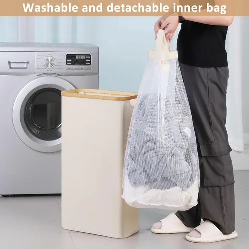 Vista 5 de 65L Slim Laundry Hamper, Narrow Laundry Basket with Lid,Foldable Clothes Hamper with Bamboo Handles,Hamper Basket with Removable Inner Bag for Beige