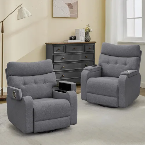 Vista 13 de Rocker - Silla reclinable para cuarto de bebé, mecedora giratoria con calor y masaje, para sala de estar, color gris claro Cuero Gris Claro