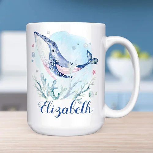 Vista 5 de Taza de café náutica personalizada de ballena Añadir nombre personalizado a la taza de cerámica Apto para microondas y lavavajillas, regalo