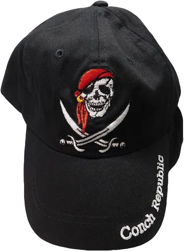 Vista 2 de Gorra de béisbol bordada ajustable de algodón negro con diseño de pirata y espadas cruzadas de Conch Republic, Multi