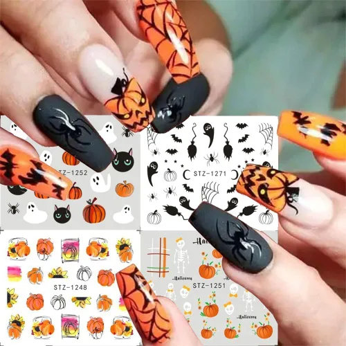 Vista 2 de Calcomanías de arte de uñas de Halloween, calcomanías de transferencia de agua, 12 unidades, calabaza, esqueleto, araña, fantasma, hoja de arce