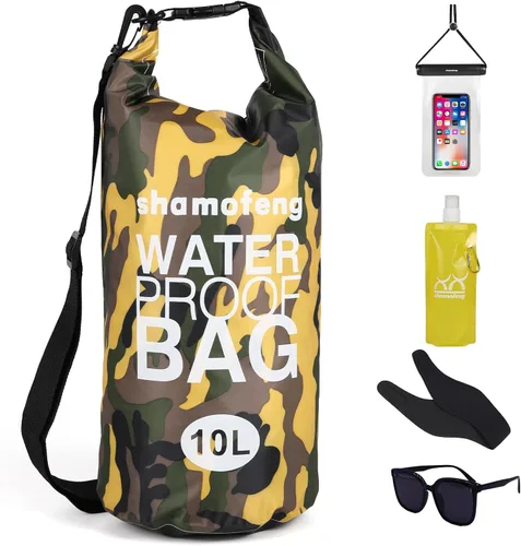 Vista 10 de Bolsa seca impermeable de 5L/10L/15L/20L/30L Mochila de almacenamiento en seco con funda para teléfono, botella de agua plegable, gafas de sol Azul