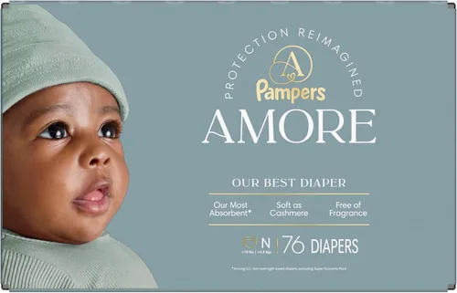 Vista 15 de Pampers Amore, tamaño 0 (hasta 10 libras), 76 unidades, nuestro mejor pañal, hipoalergénico y sin fragancia, hasta 100% a prueba de fugas, suave