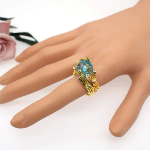 Vista 3 de HSQYJ Luxury Blue Red Oval Cubic Zirconia Promise Rings Classic Style Crystal Anniversary Wedding Engagement Bands Cocktail Ring for Women Girl Gold