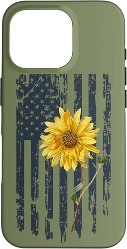 Vista 20 de iPhone 16 Yellow Sunflower Patriotic US American Flag Women Sage Green Case