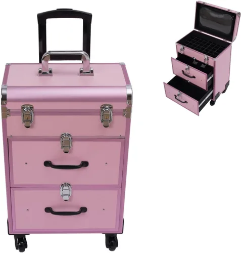 Vista 9 de Caja de tren de maquillaje rodante, caja de almacenamiento de maquillaje de 3 capas, carrito cosmético grande con cerraduras, organizador de Negro