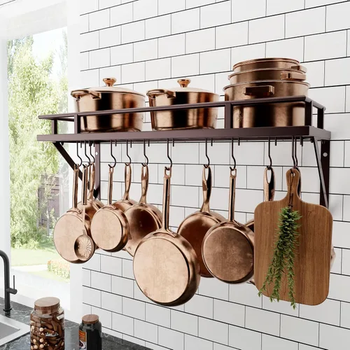Vista 11 de KES Estante para ollas de cocina de 24 pulgadas montado en la pared, organizador de almacenamiento con ganchos, estante de pared en mate negro