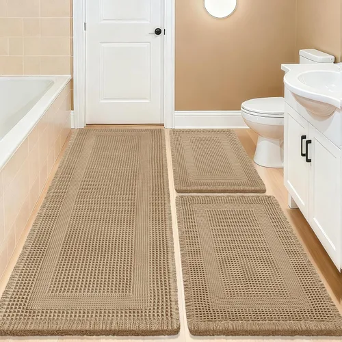 Vista 23 de Tapete de baño con diseño de gofre, moderno, bohemio, absorbente, antideslizante, ultrasuave, lavable a máquina, con letra de baño, dormitorio