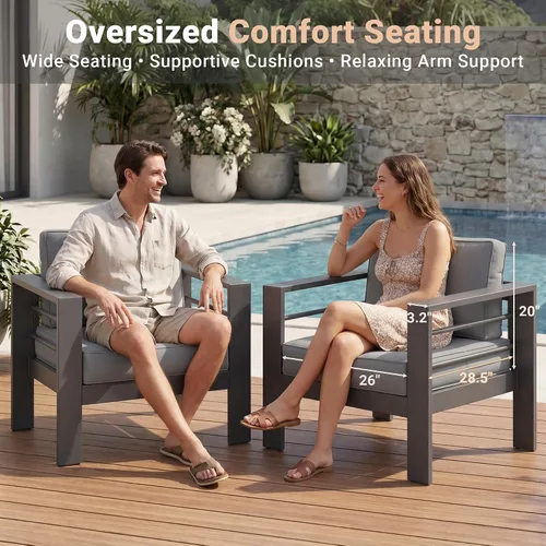 Vista 2 de Solaste Sofá de aluminio para patio con mesa auxiliar, juego de 3 muebles de patio con cojines, sofá de exterior para todo tipo de clima