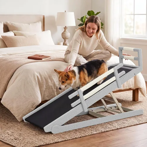Vista 18 de Rampa para perros para cama, rampa de madera ajustable para mascotas de 46 Beige
