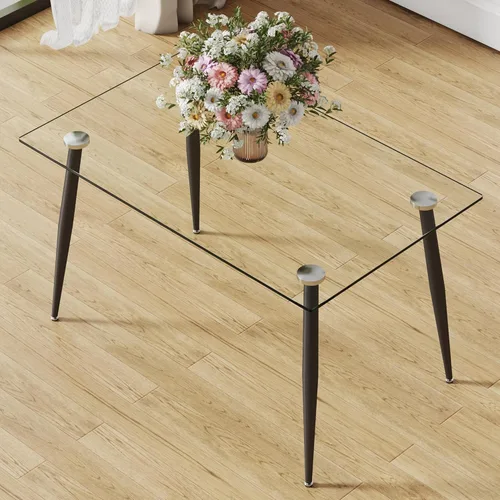 Vista 7 de Ebullient Mesa de comedor de cristal, mesa rectangular moderna de 51 pulgadas con amplia mesa de vidrio templado y patas de mesa de metal negro