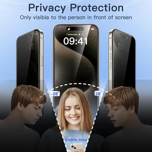 Vista 4 de JETech Protector de pantalla de privacidad para iPhone 15 Pro Max de 6,7 pulgadas, película de vidrio templado anti espía con herramienta de fácil