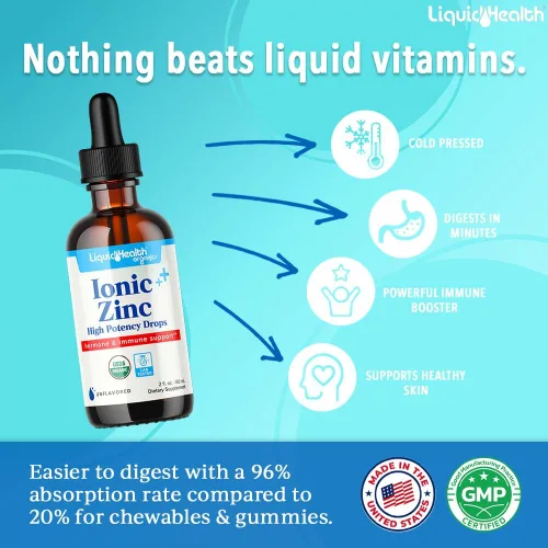 Vista 2 de LIQUIDHEALTH USDA - Gotas de zinc iónico orgánico de alta potencia, suplemento vitamínico líquido mineral traza para adultos y niños, apoyo