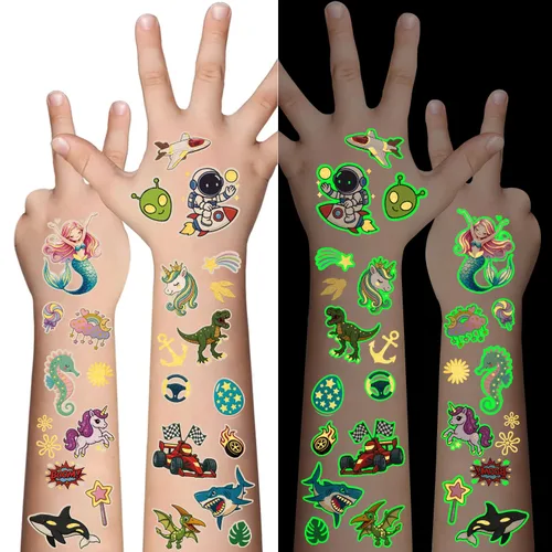 Vista 10 de 52 hojas de tatuajes temporales para niños, manga completa, dinosaurio, unicornio, tiburón, delfines, elefante, animal, cara, tatuajes falsos